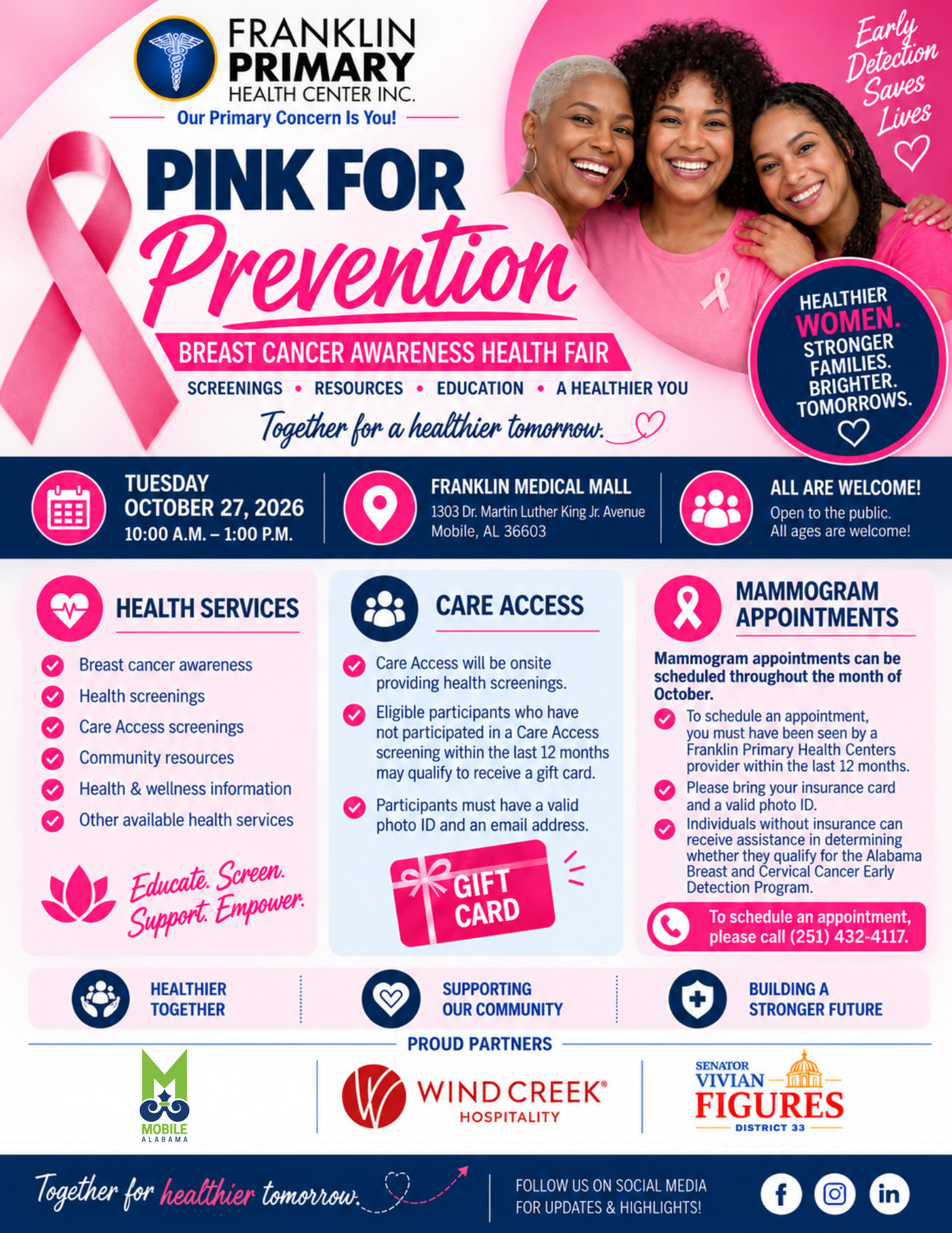 Pink for Prevention Breast Cancer Awareness Health Fair flyer, Tuesday, October 27, 2026, 10 a.m. to 1 p.m. at Franklin Medical Mall